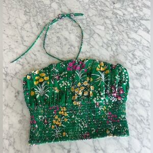 Maeve by Anthropologie Green Floral Smocked Bustier Crop Top